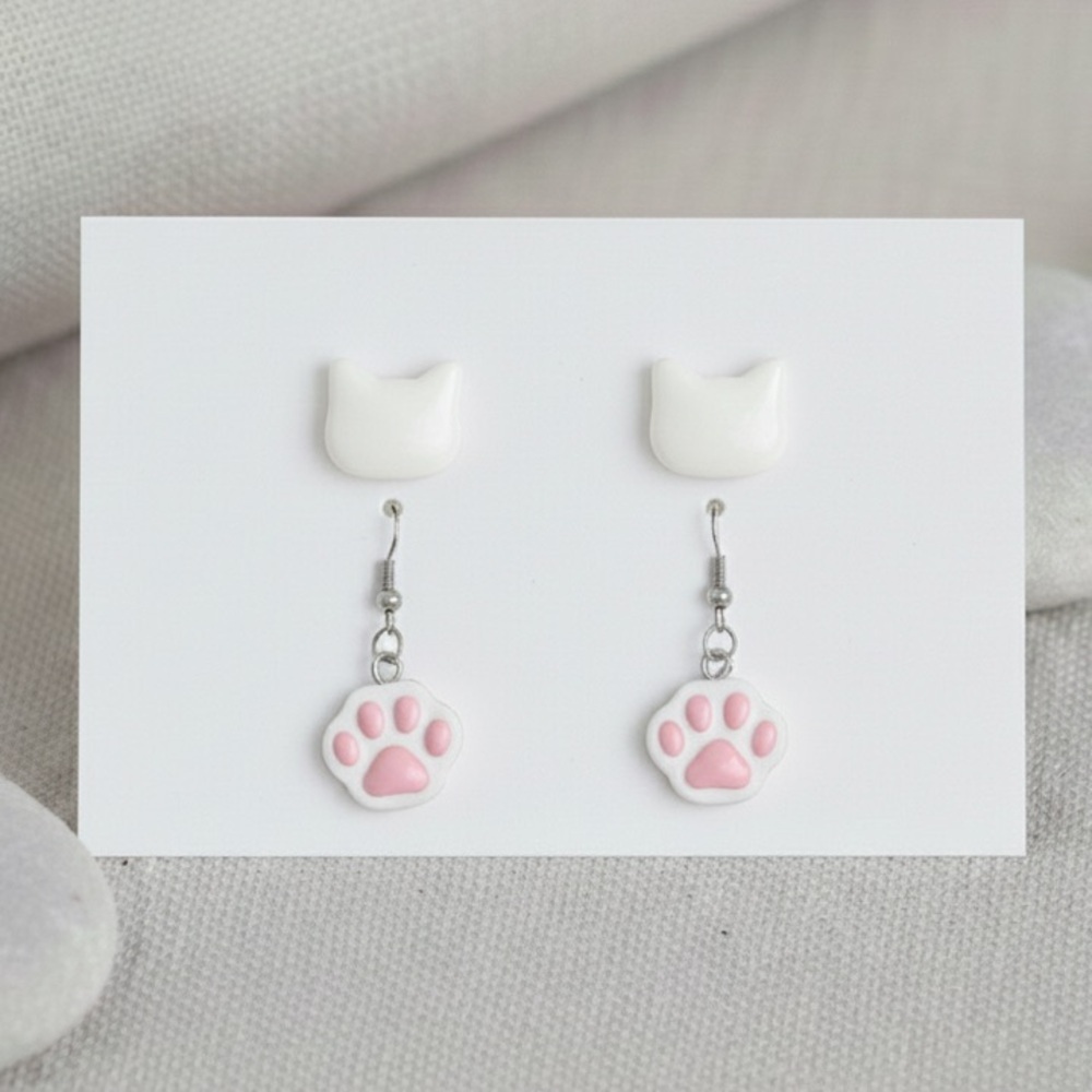Cat Resin Earring Set - Handmade - Hypoallergenic - White